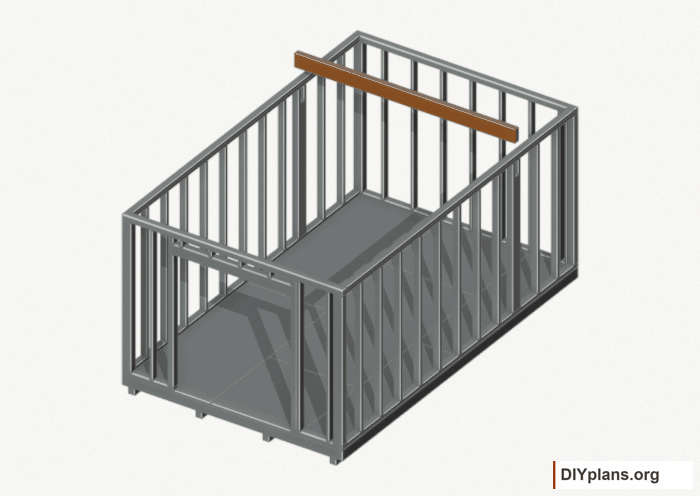 Seat the wall-supported loft beam. Current components orange; earlier work gray. Movement.