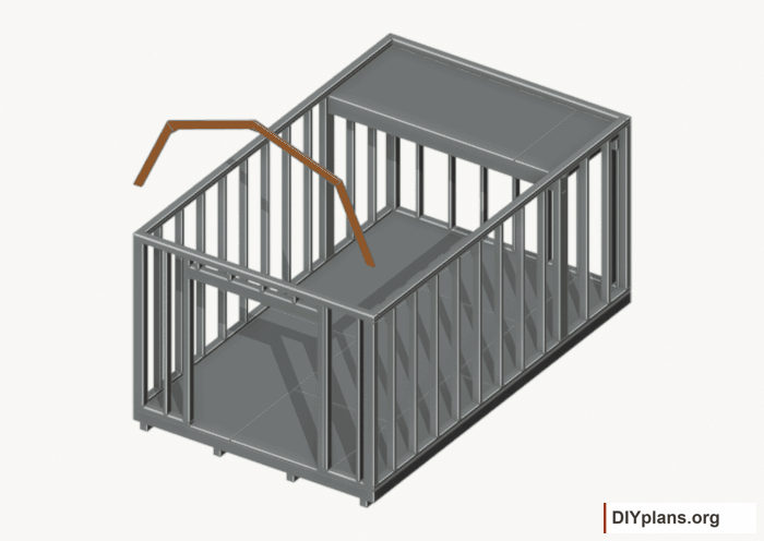 Raise the front end roof frame. Current components orange; earlier work gray. Movement.