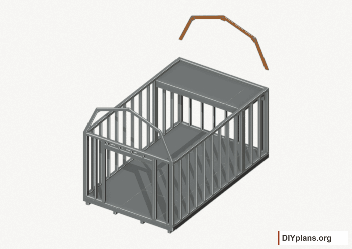 Raise the rear end roof frame. Current components orange; earlier work gray. Movement.