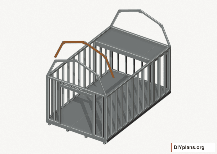 Raise the intermediate 1 roof frame. Current components orange; earlier work gray. Movement.