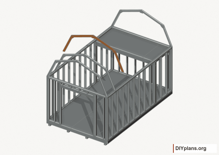 Raise the intermediate 2 roof frame. Current components orange; earlier work gray. Movement.