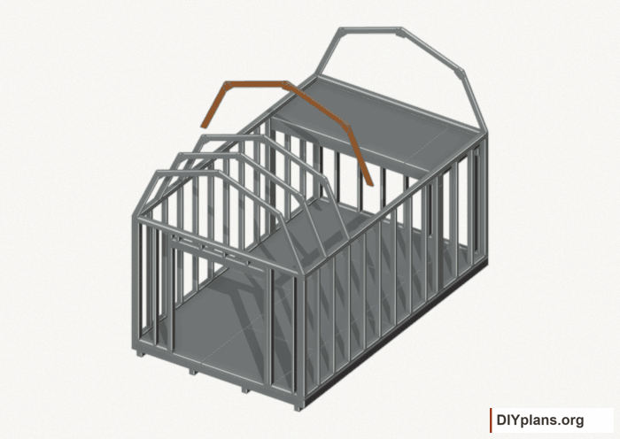 Raise the intermediate 3 roof frame. Current components orange; earlier work gray. Movement.