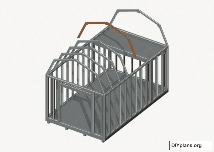 Raise the intermediate 4 roof frame. Current components orange; earlier work gray. Movement.
