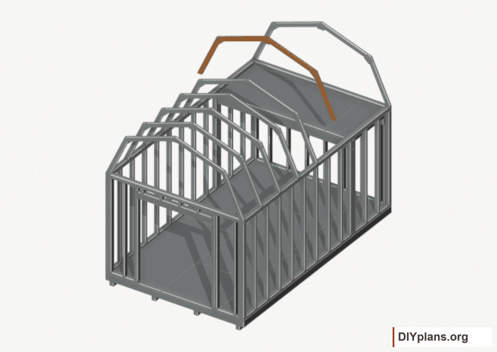 Raise the intermediate 5 roof frame. Current components orange; earlier work gray. Movement.