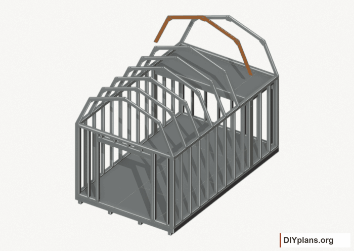 Raise the intermediate 6 roof frame. Current components orange; earlier work gray. Movement.