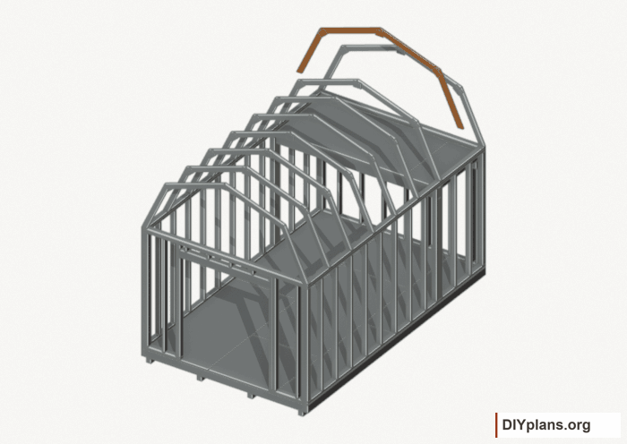 Raise the intermediate 7 roof frame. Current components orange; earlier work gray. Movement.