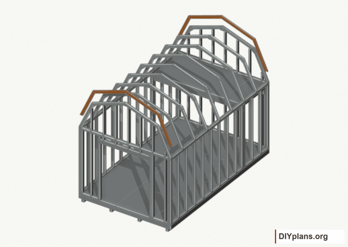 Fit the inner end rafters. Current components orange; earlier work gray. Movement.