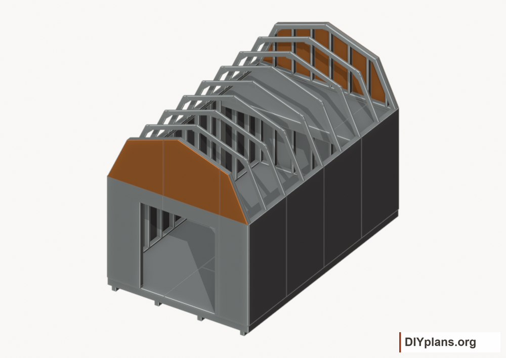 Fit the gable siding panels. Current components orange; earlier work gray.