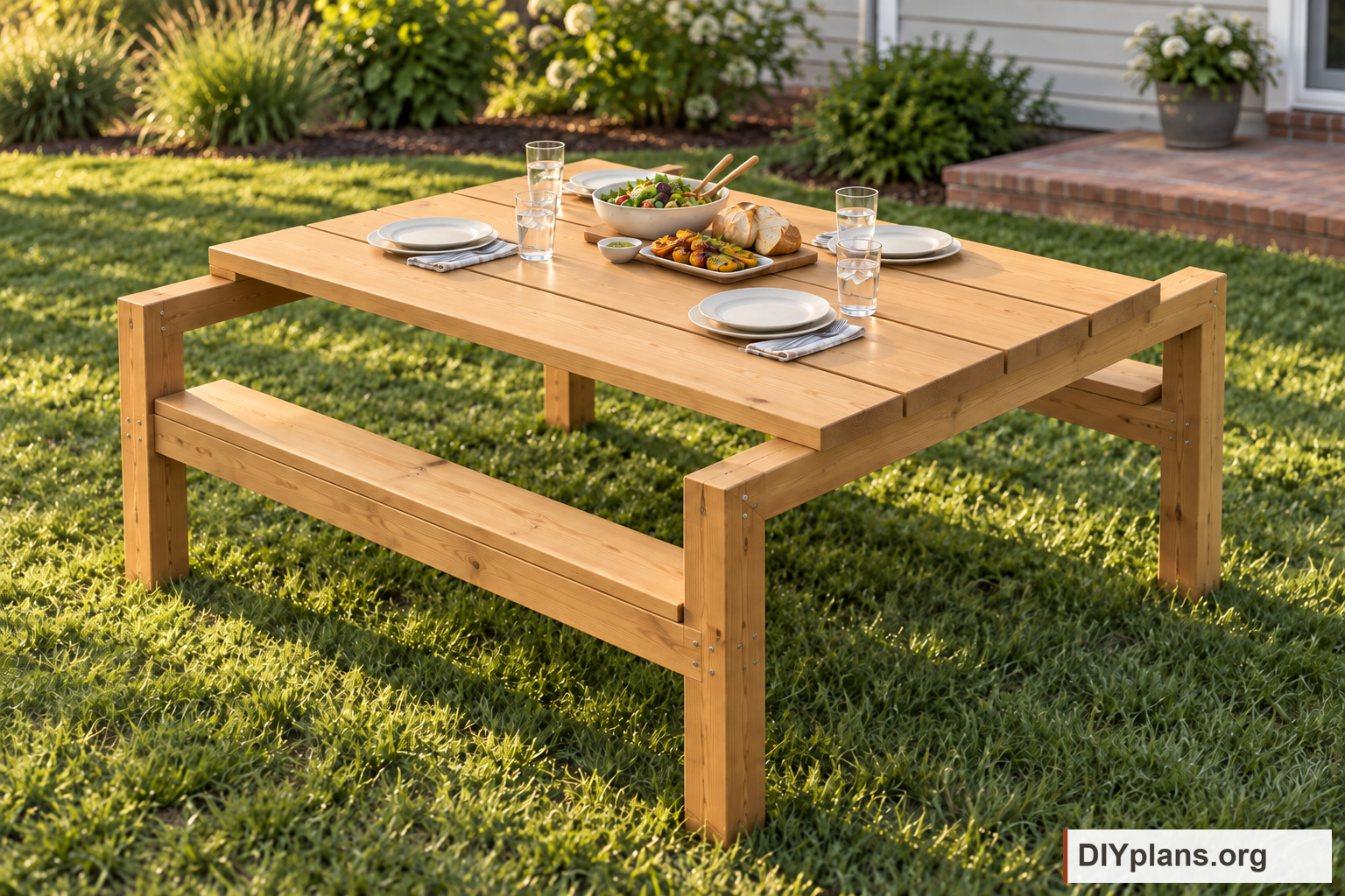 CAD-grounded visualization of the mini pergola picnic table. A backyard meal on the wider tabletop. AI visualization based on the CAD model; setting, finish and visible fastener details are illustrative. Use the drawings for construction details.