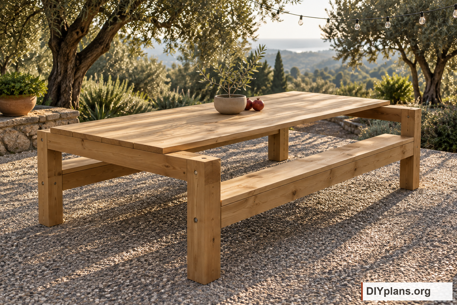 CAD-grounded visualization of the mini pergola picnic table. An olive-tree terrace at sunset. AI visualization based on the CAD model; setting, finish and visible fastener details are illustrative. Use the drawings for construction details.