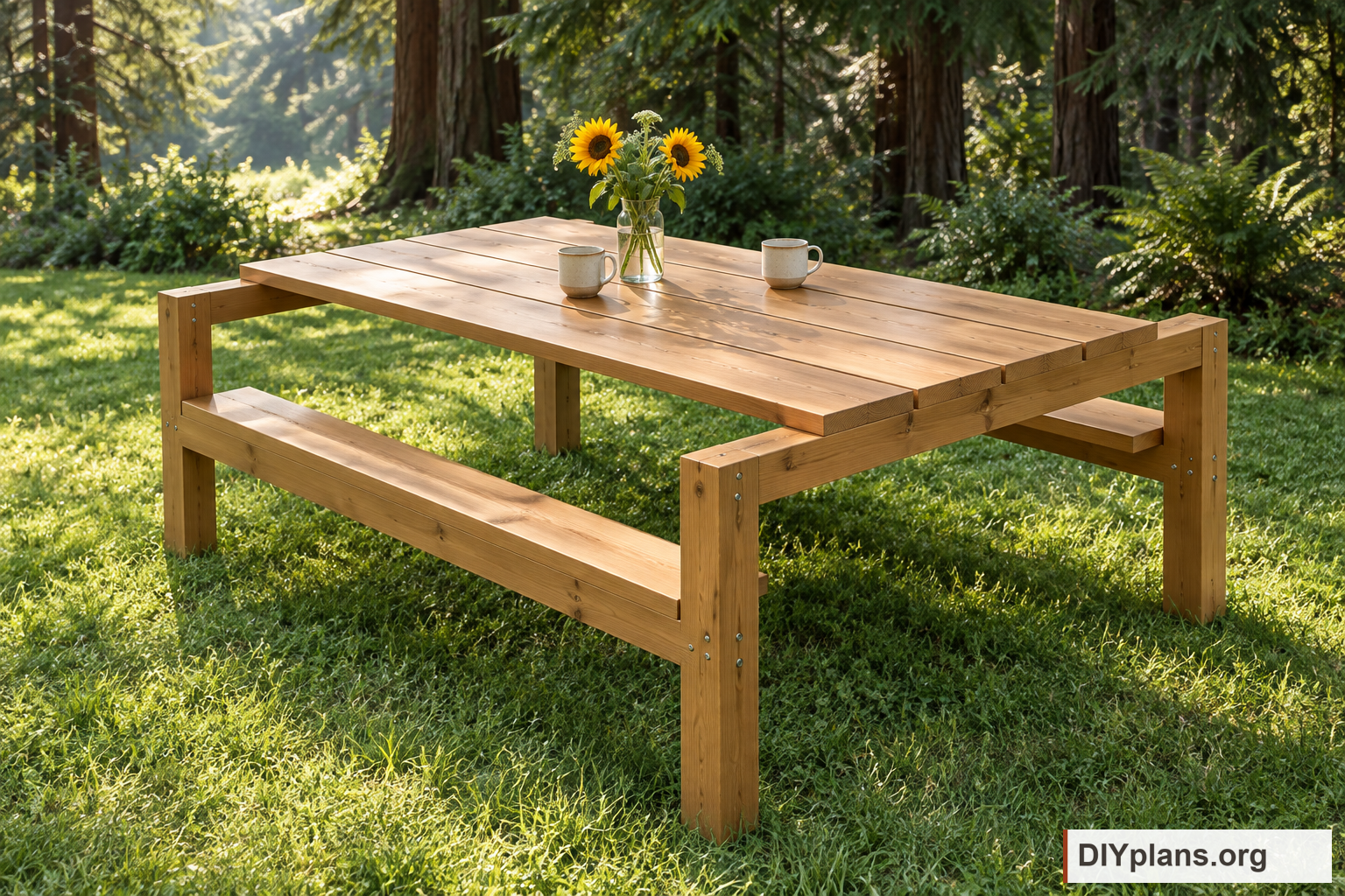 CAD-grounded visualization of the mini pergola picnic table. Morning light on a wooded lawn. AI visualization based on the CAD model; setting, finish and visible fastener details are illustrative. Use the drawings for construction details.