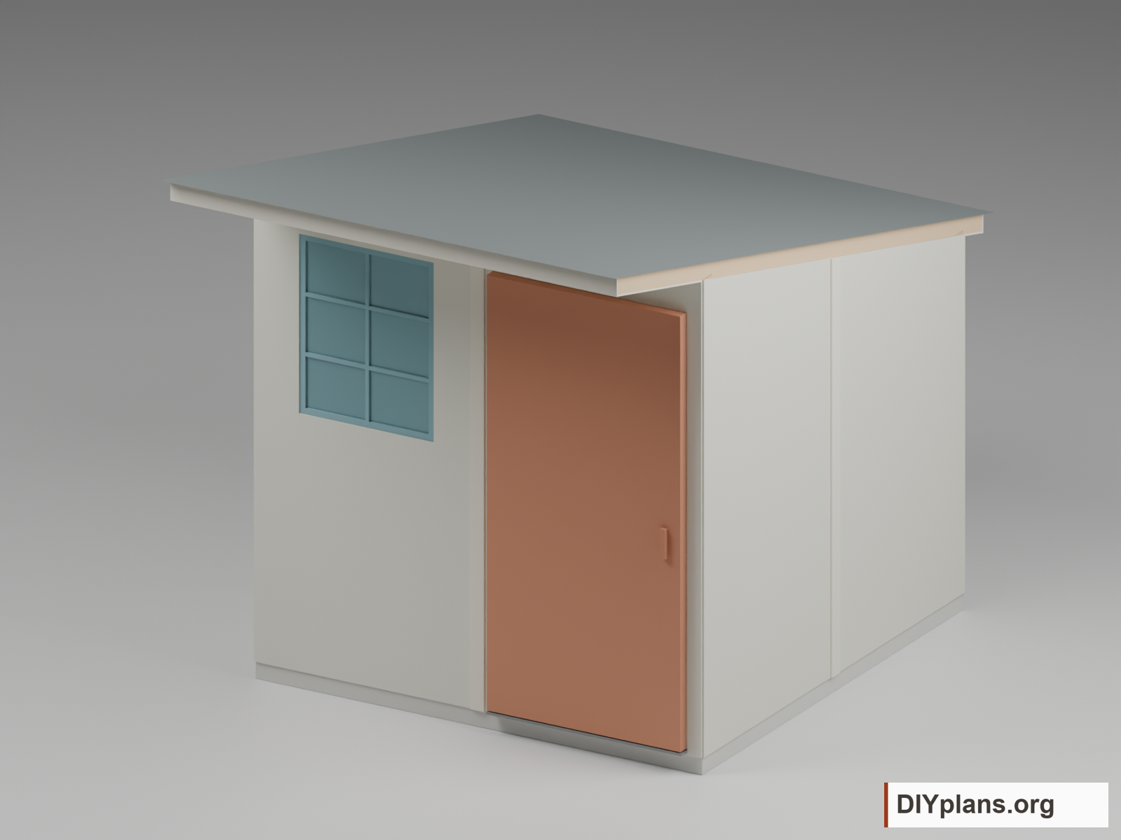 Utility shed with a red-brown hinged door and tall front window.
