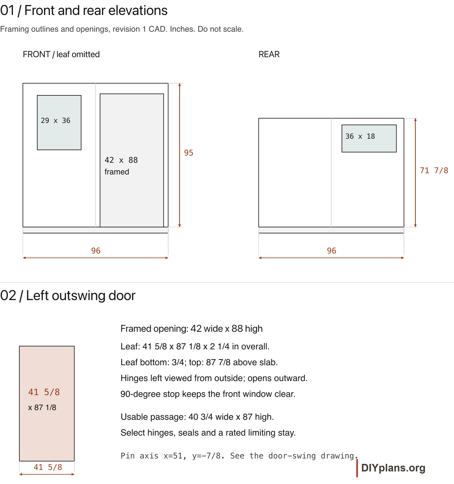 Dimensioned front and rear framing elevations and the custom outswing leaf.