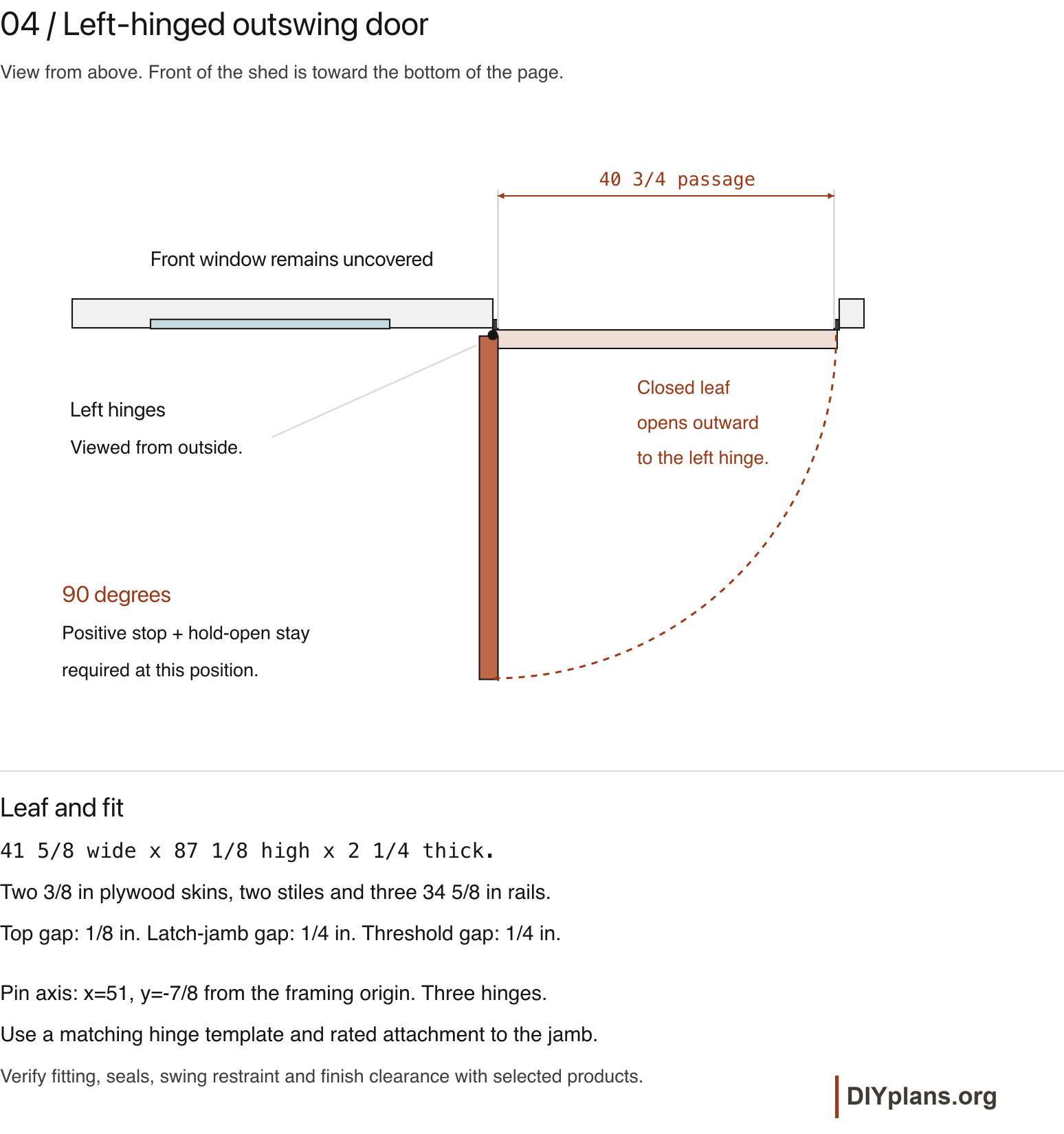Plan diagram of the left-hinged door showing the closed leaf, 90-degree open position, hinge axis and unobstructed window.