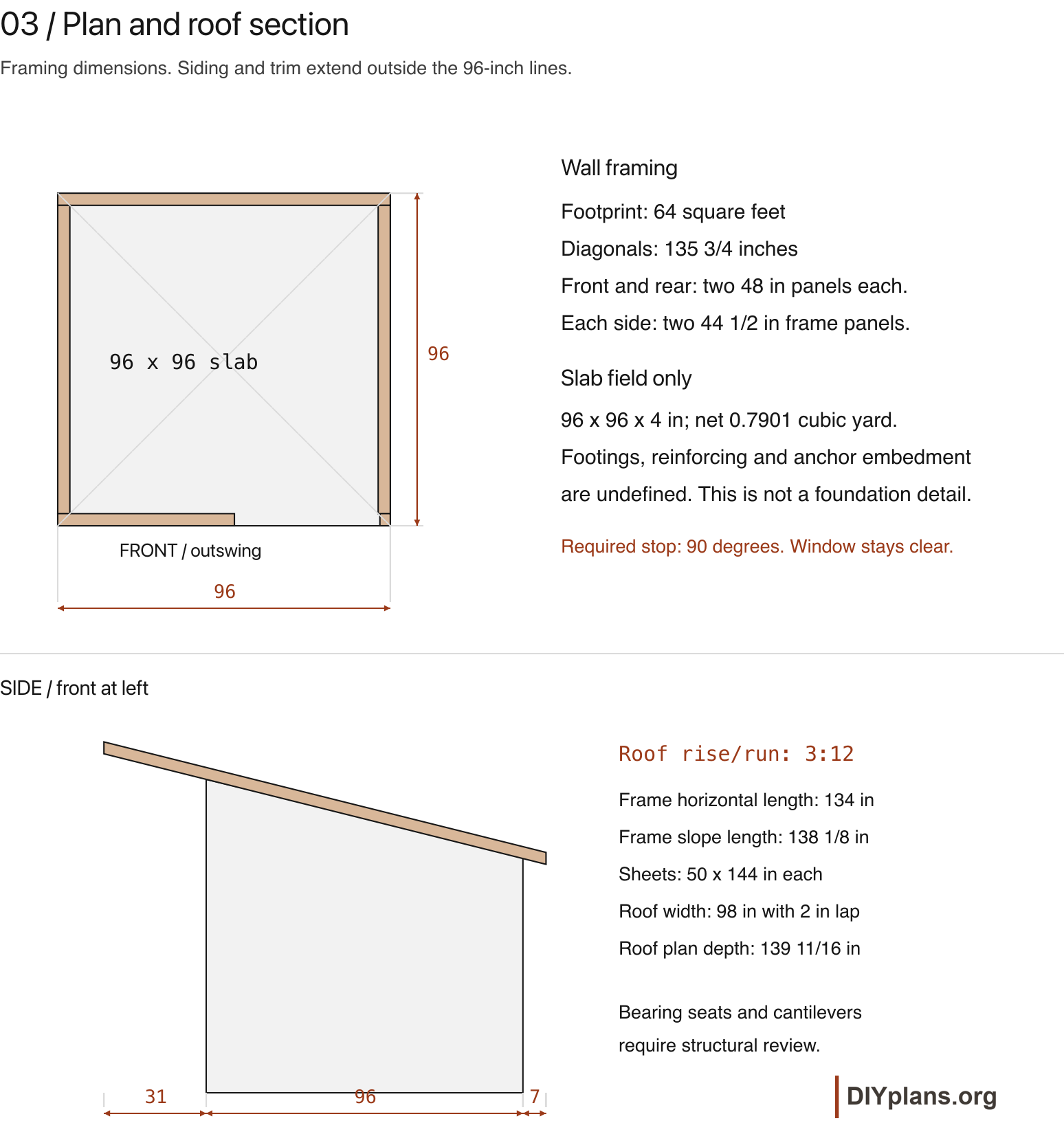 Dimensioned framing plan and a side profile showing the 3-to-12 roof fall.