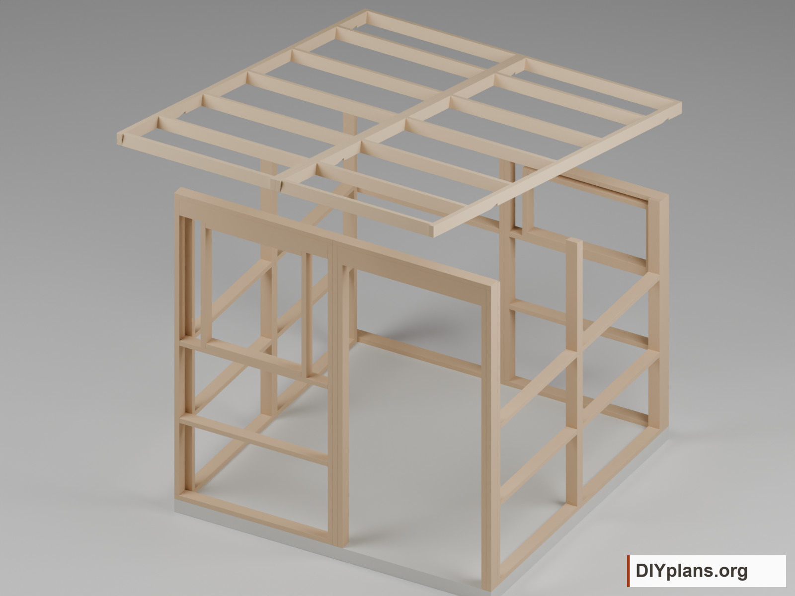 Two roof modules lifted above the wall framing to show paired rafters and girts.