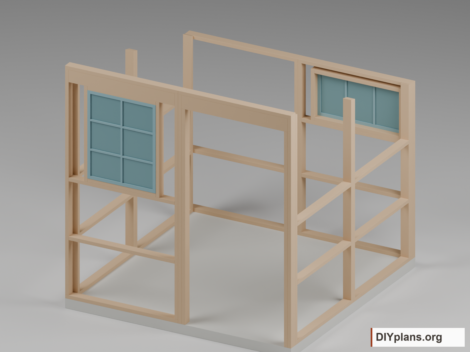 The front, rear and side wall frames standing on the slab with plywood hidden.