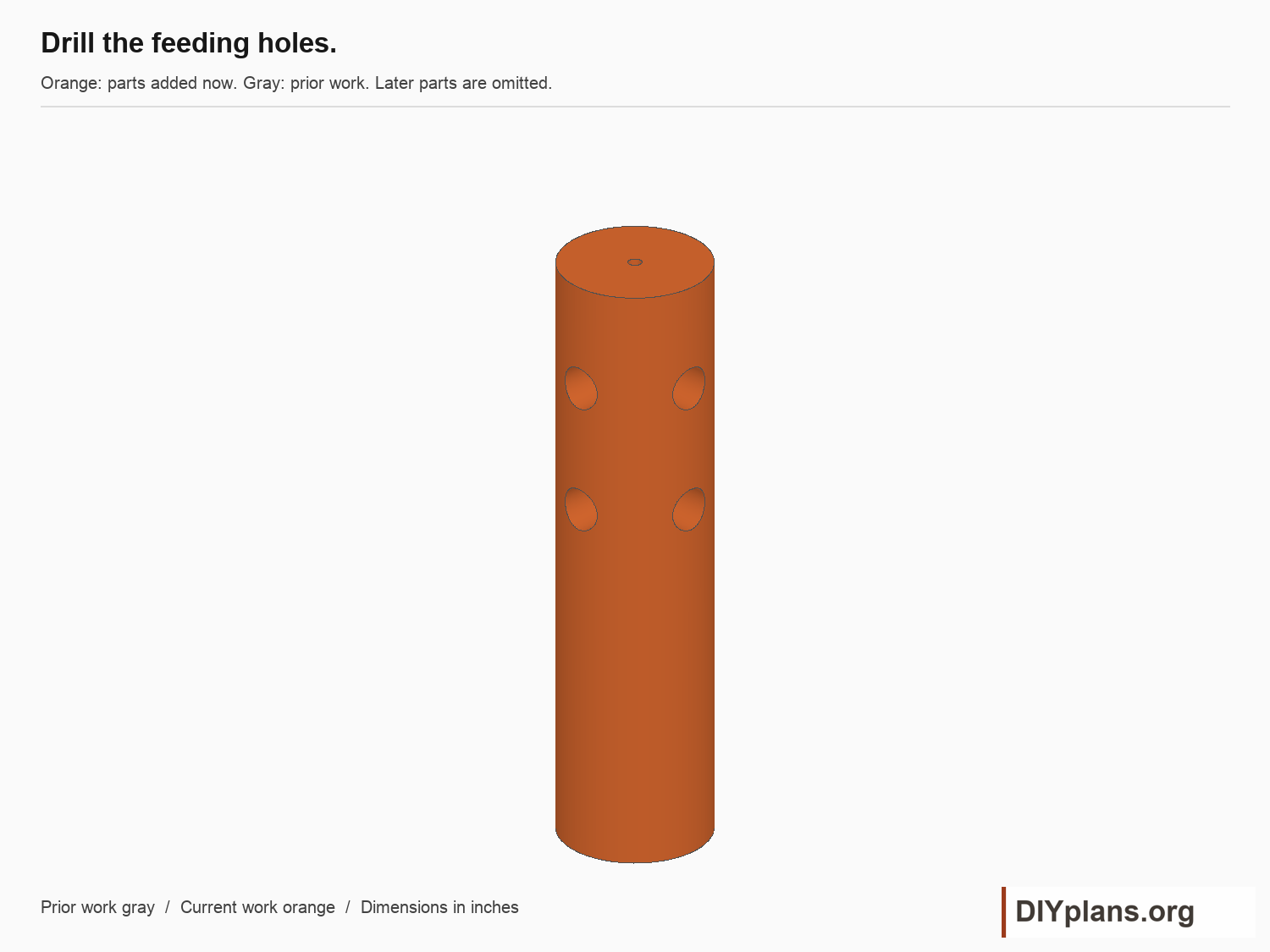 Drill the feeding holes. Current parts orange; prior parts gray.