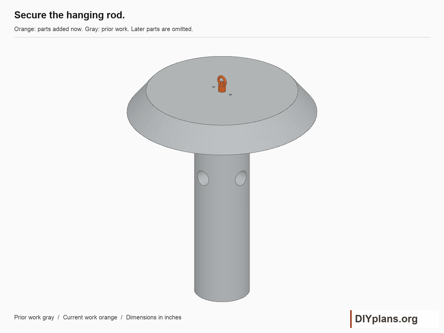 Secure the hanging rod. Current parts orange; prior parts gray.