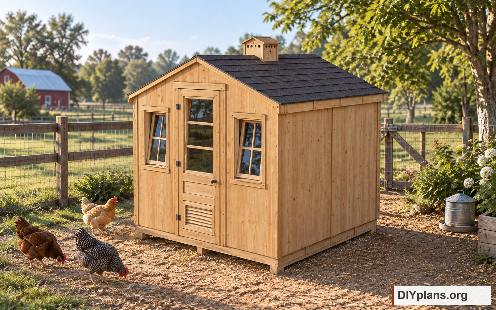 The laying-hen configuration with chickens in a farmyard. AI Generated from CAD files for inspiration