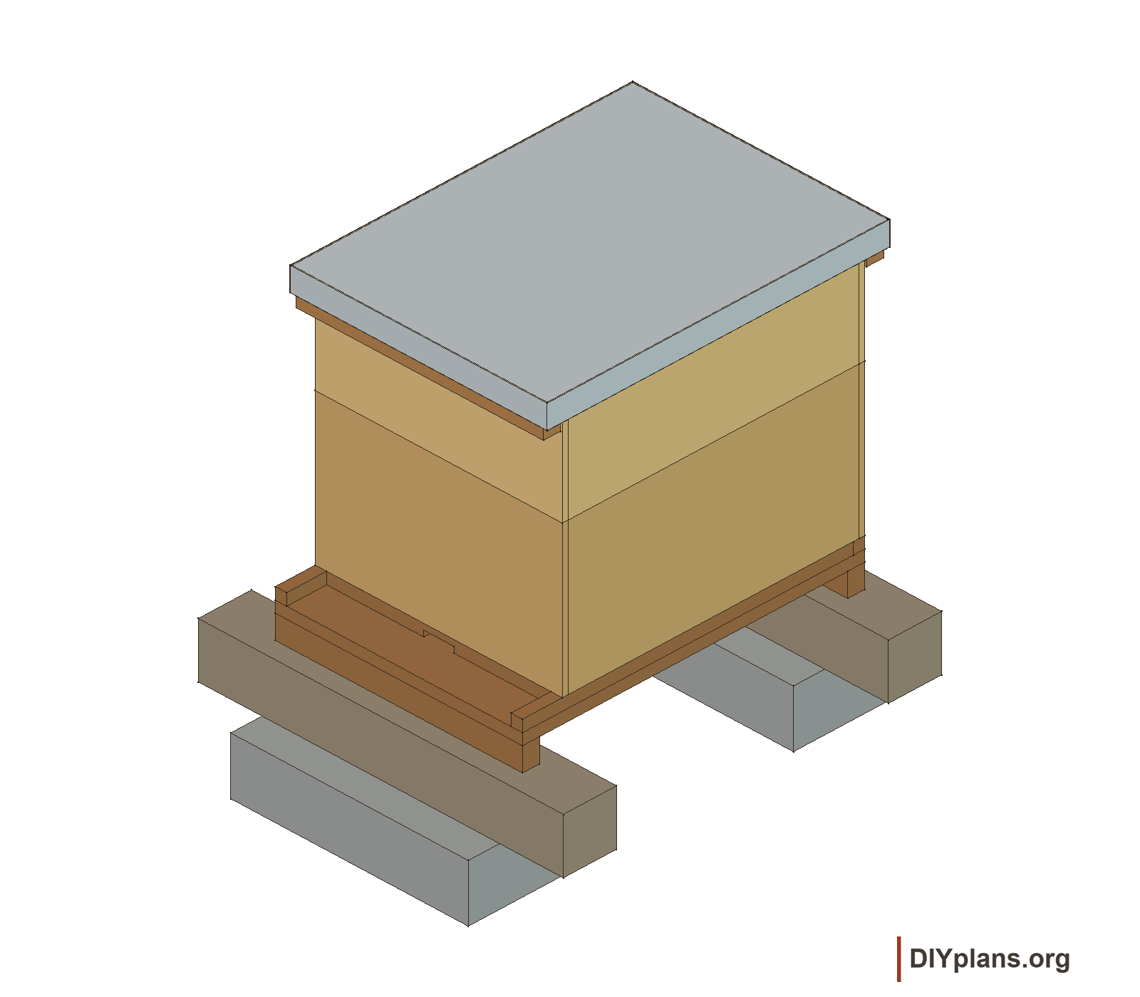 Assembled beehive with deep box, medium super, weather cap and support base.