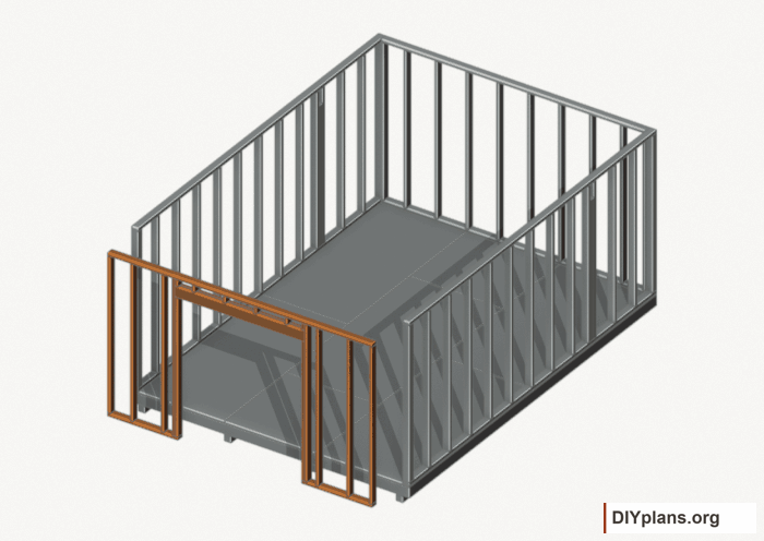 Assemble and raise the front wall. Current components orange; earlier work gray. Movement.