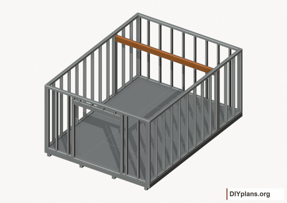 Seat the wall-supported loft beam. Current components orange; earlier work gray.
