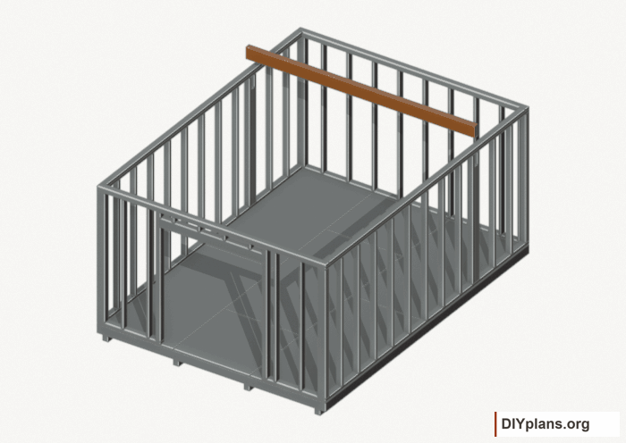 Seat the wall-supported loft beam. Current components orange; earlier work gray. Movement.