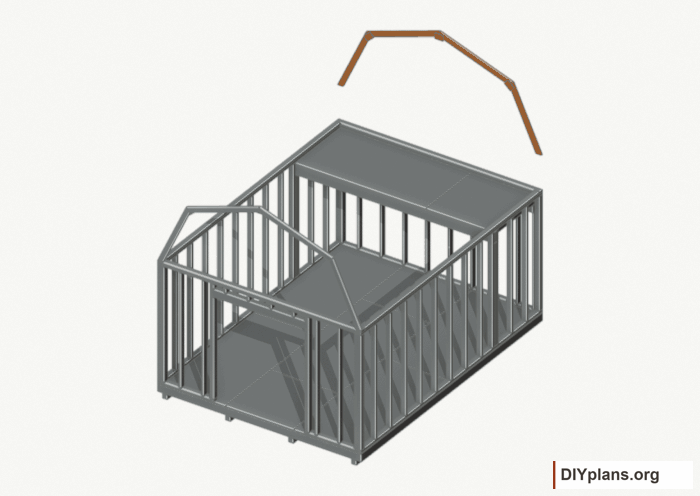 Raise the rear end roof frame. Current components orange; earlier work gray. Movement.