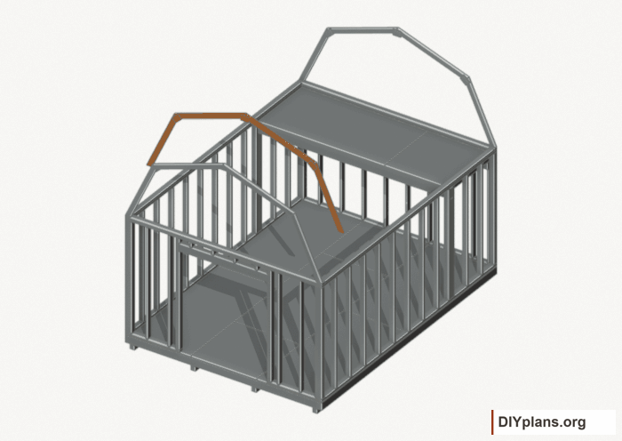 Raise the intermediate 1 roof frame. Current components orange; earlier work gray. Movement.