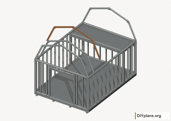 Raise the intermediate 2 roof frame. Current components orange; earlier work gray. Movement.