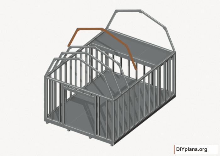 Raise the intermediate 3 roof frame. Current components orange; earlier work gray. Movement.