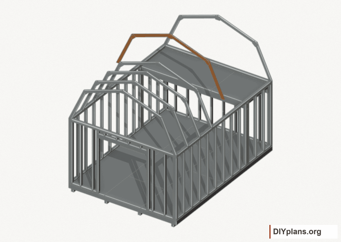 Raise the intermediate 4 roof frame. Current components orange; earlier work gray. Movement.
