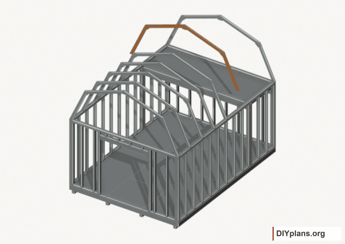 Raise the intermediate 5 roof frame. Current components orange; earlier work gray. Movement.