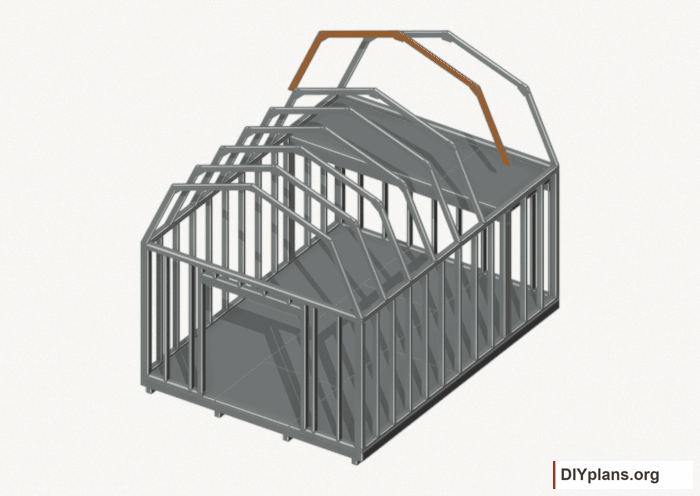 Raise the intermediate 6 roof frame. Current components orange; earlier work gray. Movement.