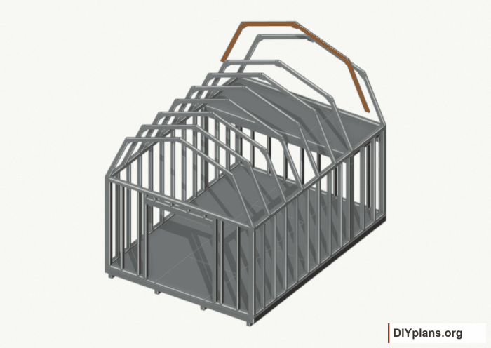 Raise the intermediate 7 roof frame. Current components orange; earlier work gray. Movement.