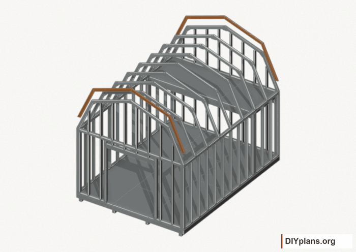 Fit the inner end rafters. Current components orange; earlier work gray. Movement.