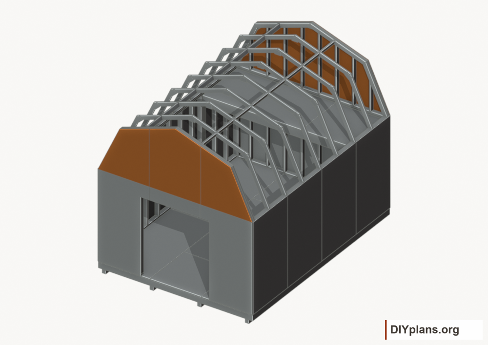 Fit the gable siding panels. Current components orange; earlier work gray.