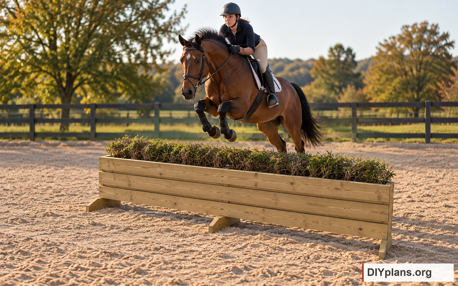 A horse and rider clearing the brush jump in a sand arena. AI Generated from CAD files for inspiration