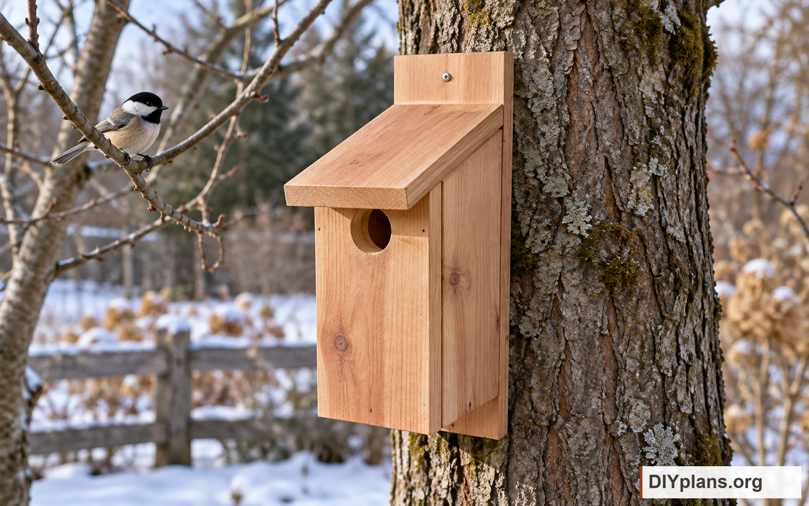The roost box mounted outdoors in a wooded setting. AI Generated from CAD files for inspiration