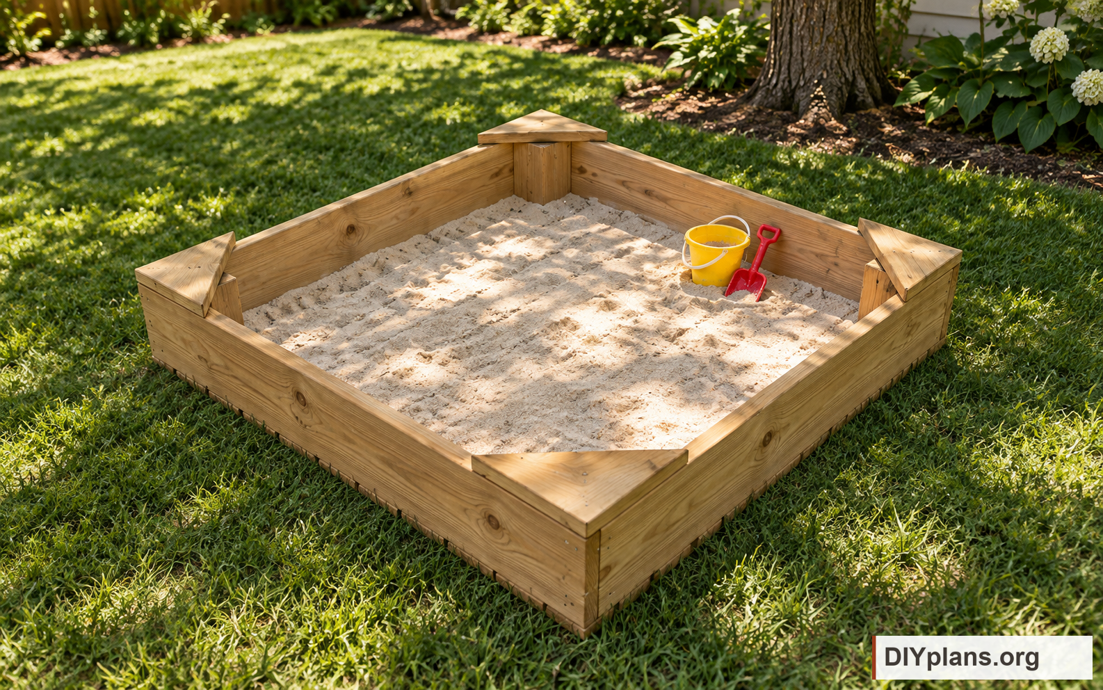 The sandbox filled with sand in a shaded backyard. AI Generated from CAD files for inspiration