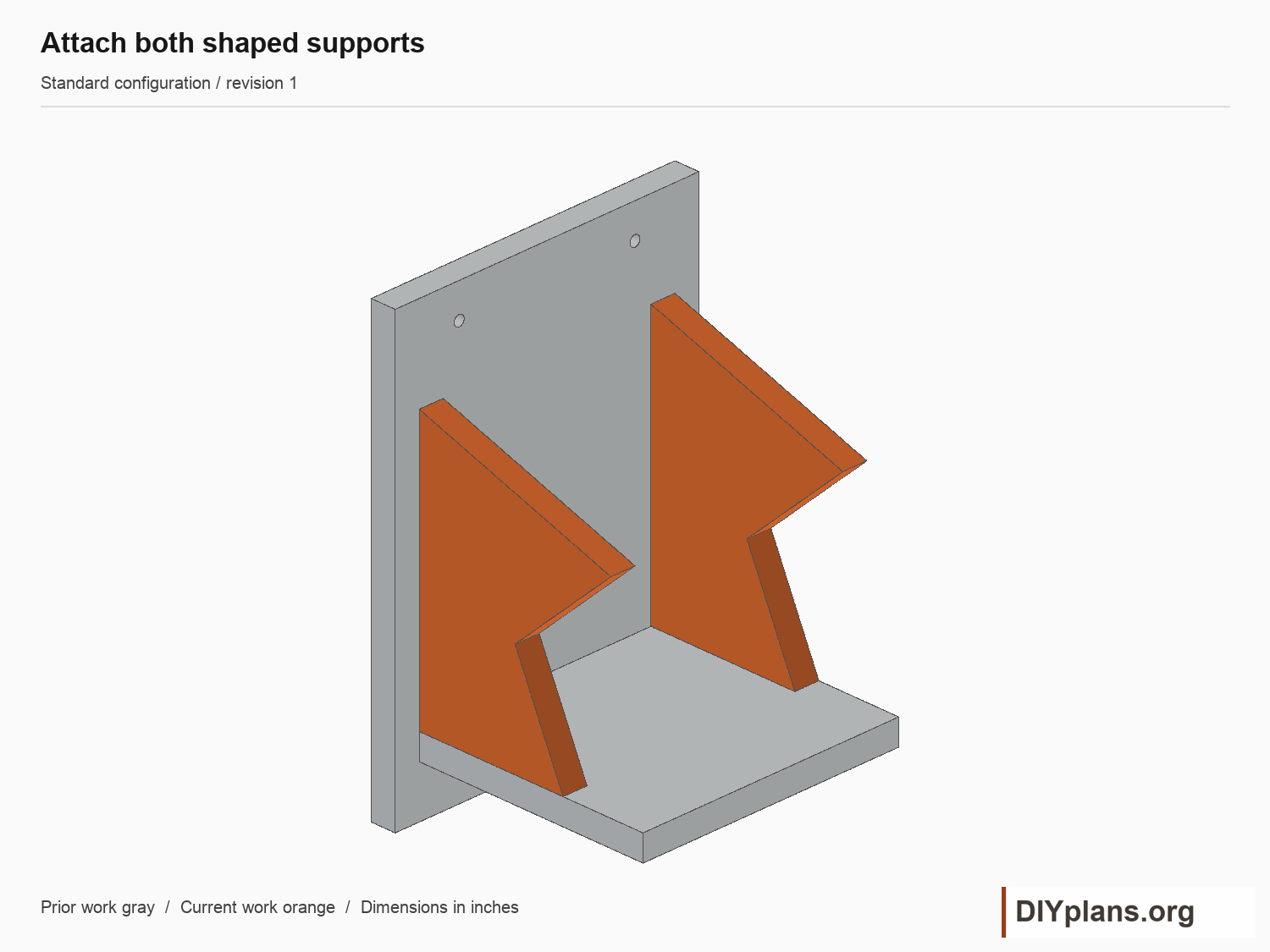 Attach both shaped supports. Current parts shown orange; future parts omitted.