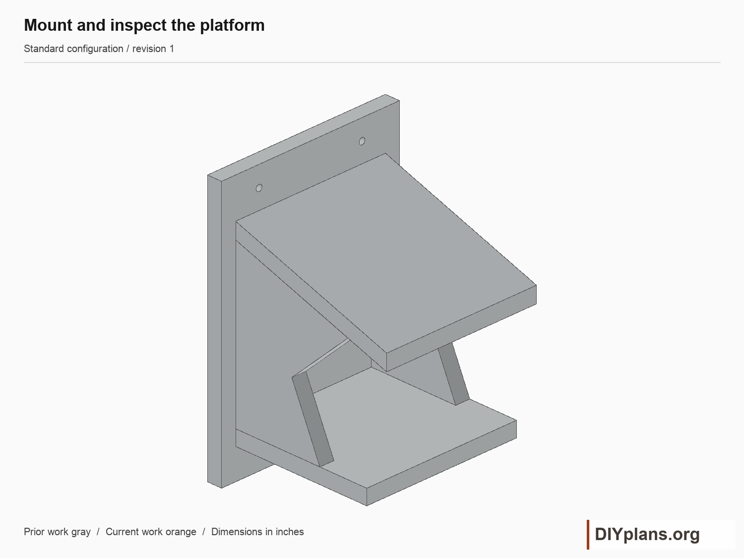 Mount and inspect the platform. Current parts shown orange; future parts omitted.
