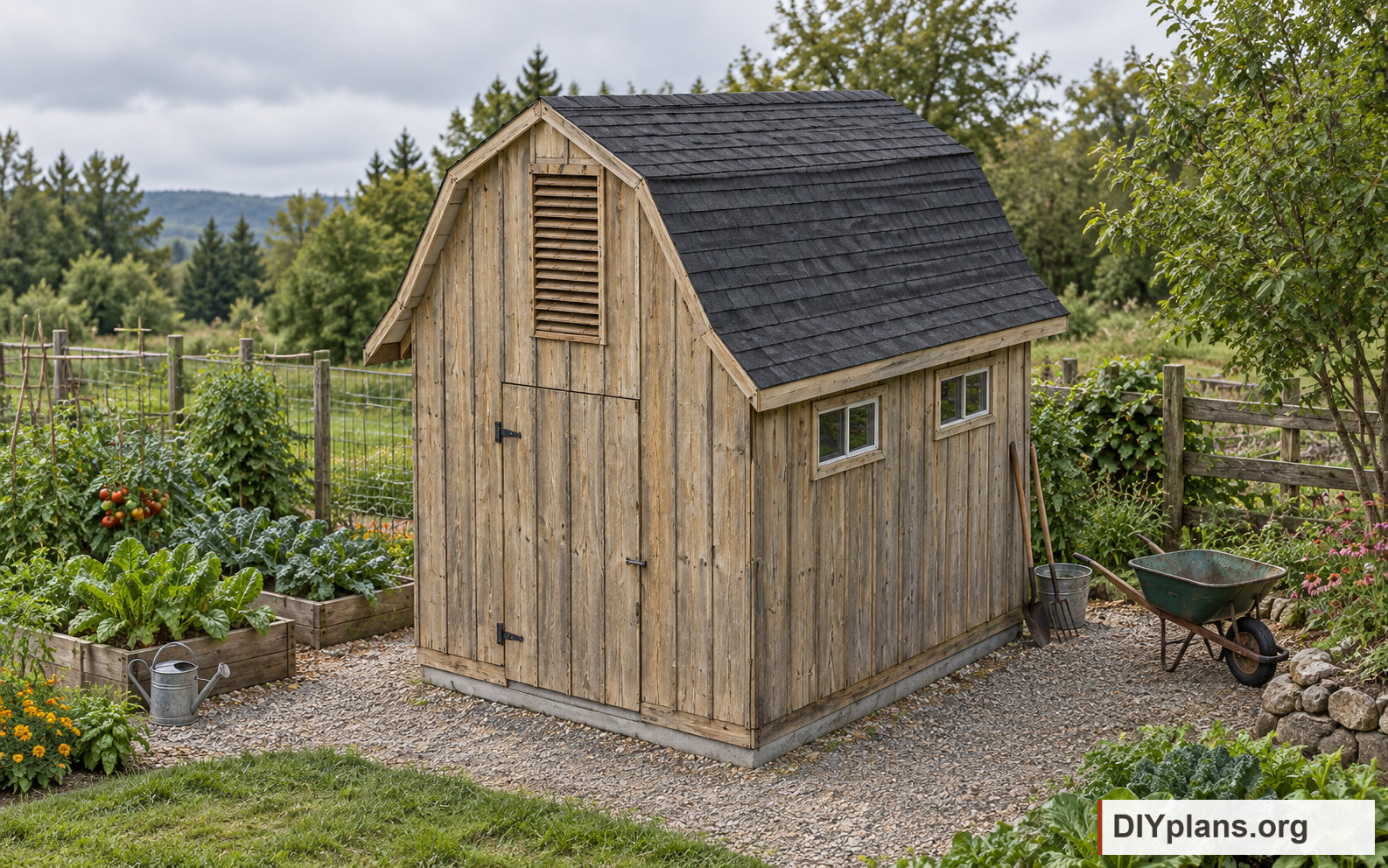The garden tool shed beside a vegetable garden. AI Generated from CAD files for inspiration