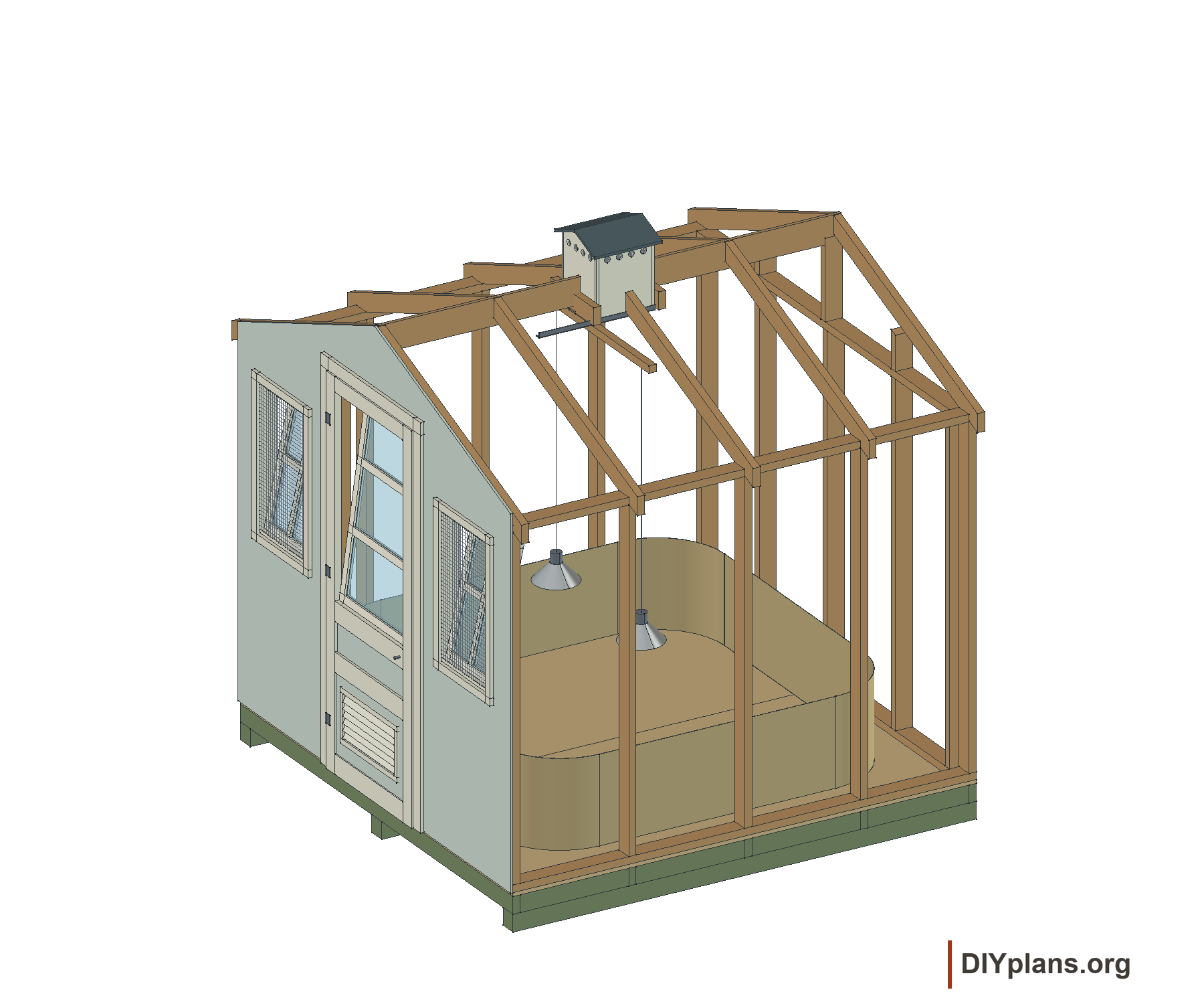 Brooder house cutaway showing the framing and interior.