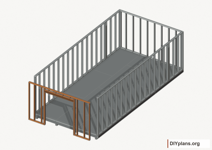 Assemble and raise the front wall. Current components orange; earlier work gray. Movement.
