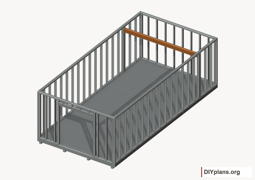 Seat the wall-supported loft beam. Current components orange; earlier work gray.