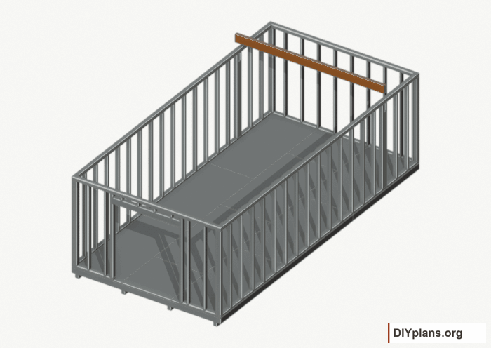 Seat the wall-supported loft beam. Current components orange; earlier work gray. Movement.