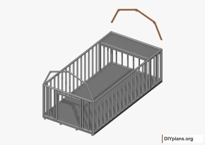 Raise the rear end roof frame. Current components orange; earlier work gray. Movement.