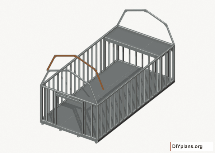 Raise the intermediate 1 roof frame. Current components orange; earlier work gray. Movement.